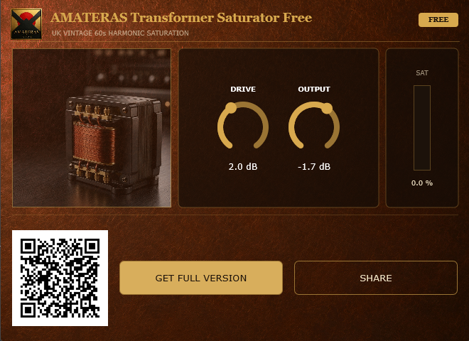 AMATERAS Transformer Saturator Free — UK Vintage 60s, DRIVE, OUTPUT, SAT