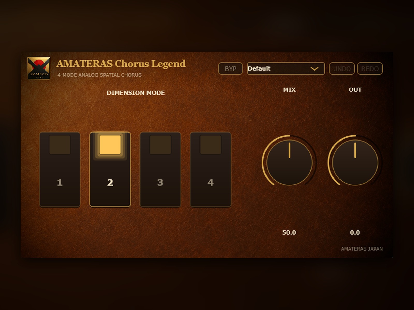 AMATERAS Chorus Legend。Defaultプリセット、MODE 2、MIX 50.0、OUT 0.0を表示。ヘッダー右にBYP・プリセット・UNDO・REDOを配置