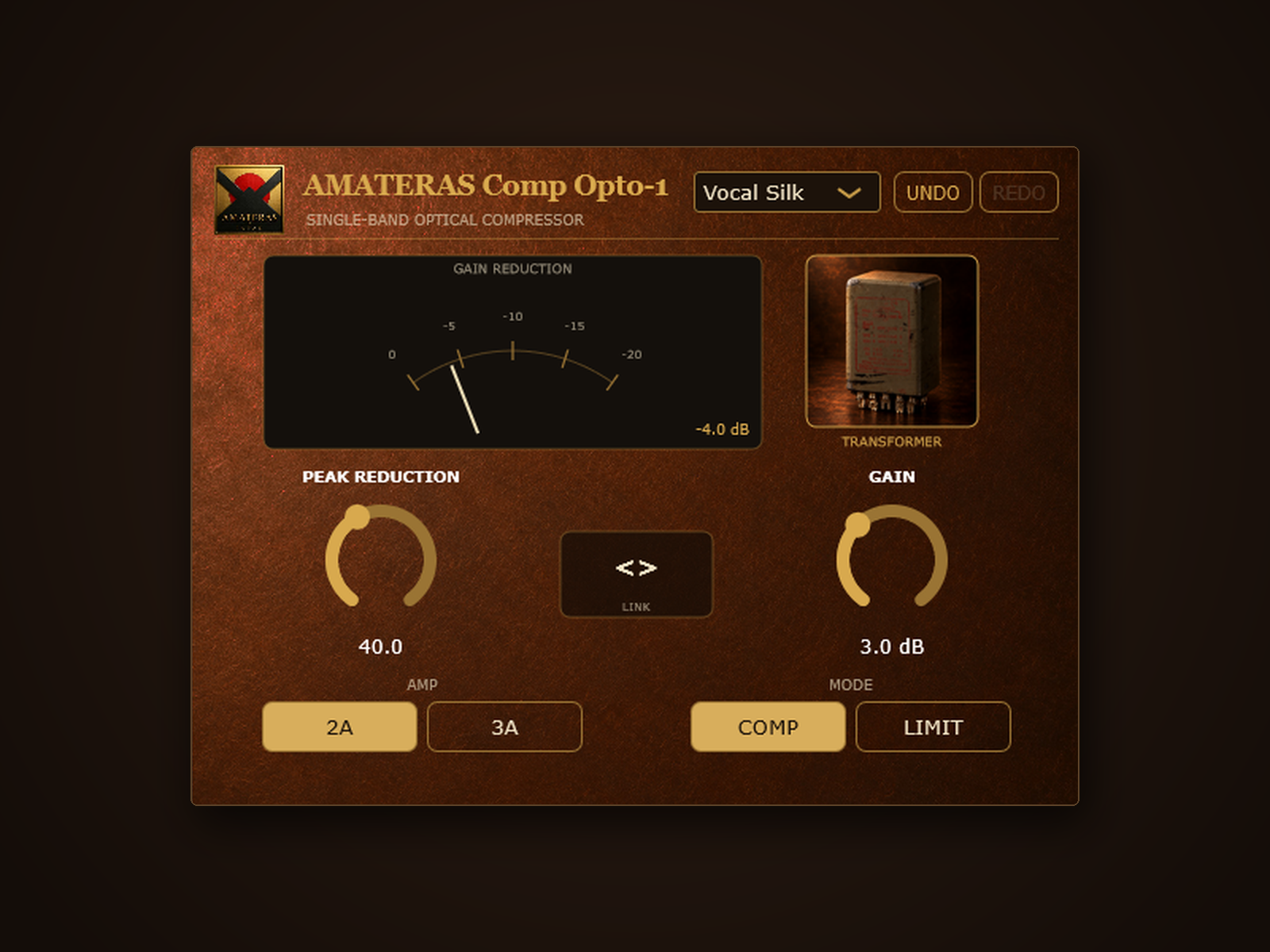 AMATERAS Comp Opto-1。Vocal Silk、AMP 2A、COMPモードと、中央のLINKを表示