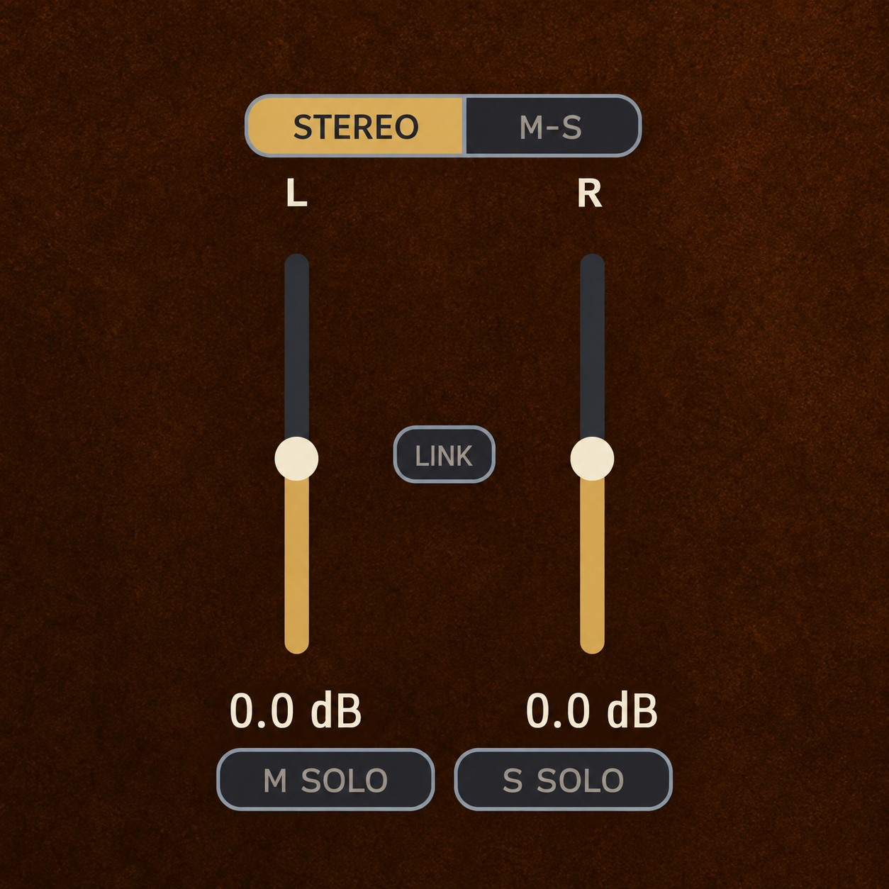 EQ Pure stereo faders with mode selection, LINK and M SOLO / S SOLO buttons