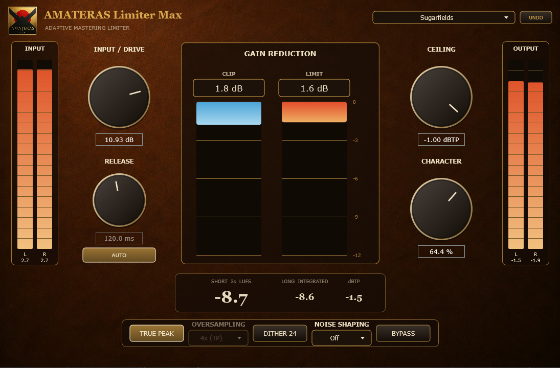 AMATERAS Limiter Maxの操作パネル。Sugarfieldsプリセット、CHARACTER 64.4%、CLIPとLIMITのゲインリダクション、LUFSメーターを表示