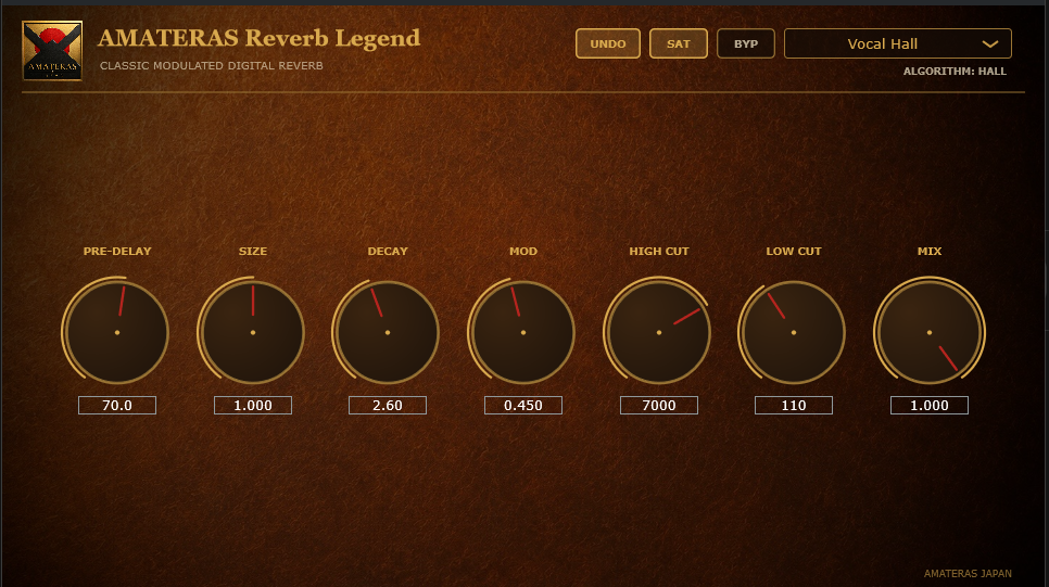 AMATERAS Reverb Legendのプラグイン画面