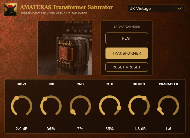 AMATERAS Transformer Saturatorのプラグイン画面。UK Vintageプリセットを表示